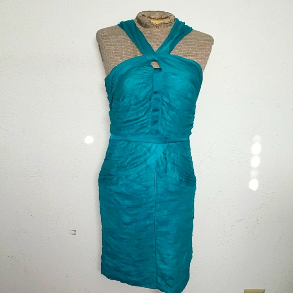 BURBERRY RUCHED DRAPED Elegant SILK Teal Halter Dress SZ 6